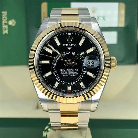 rolex two tone sky dweller black dial|Rolex Sky-Dweller diamond bezel.